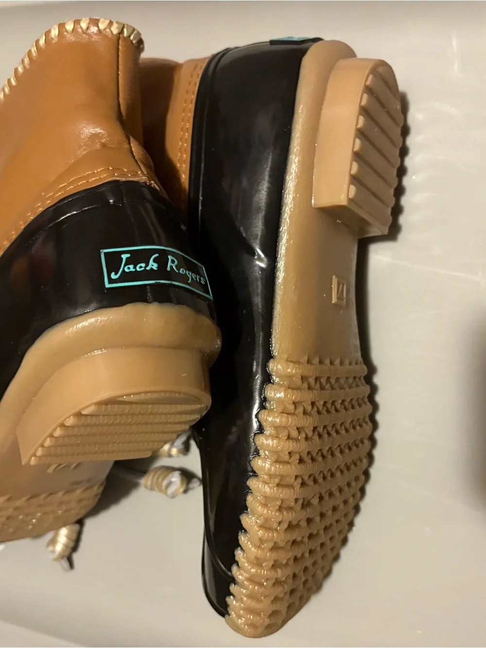Jack Rogers Two-Tone Tan and Black Waterproof Duck Boots